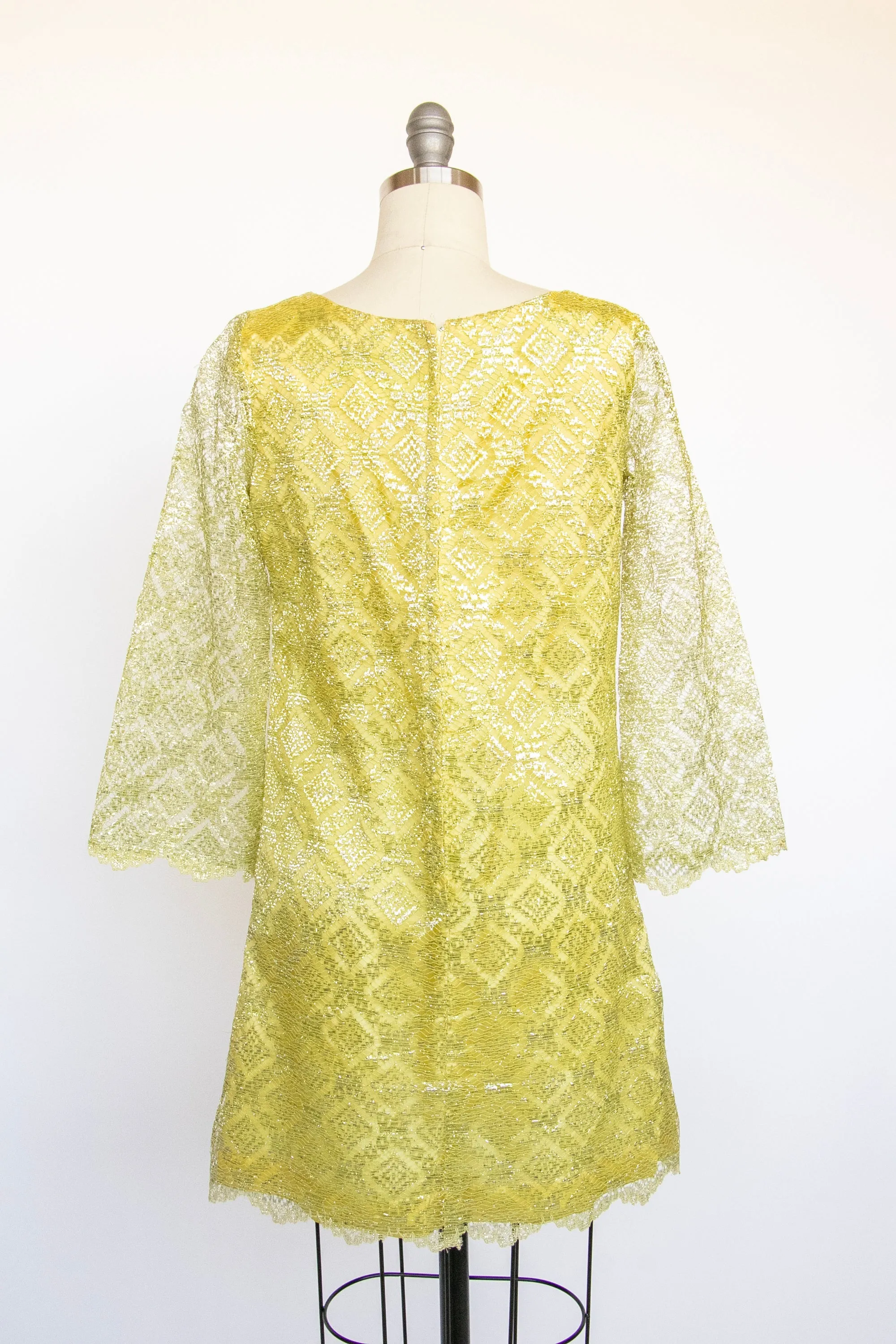 1960s Dress Metallic Mod Mini Gold Yellow Lace S / XS