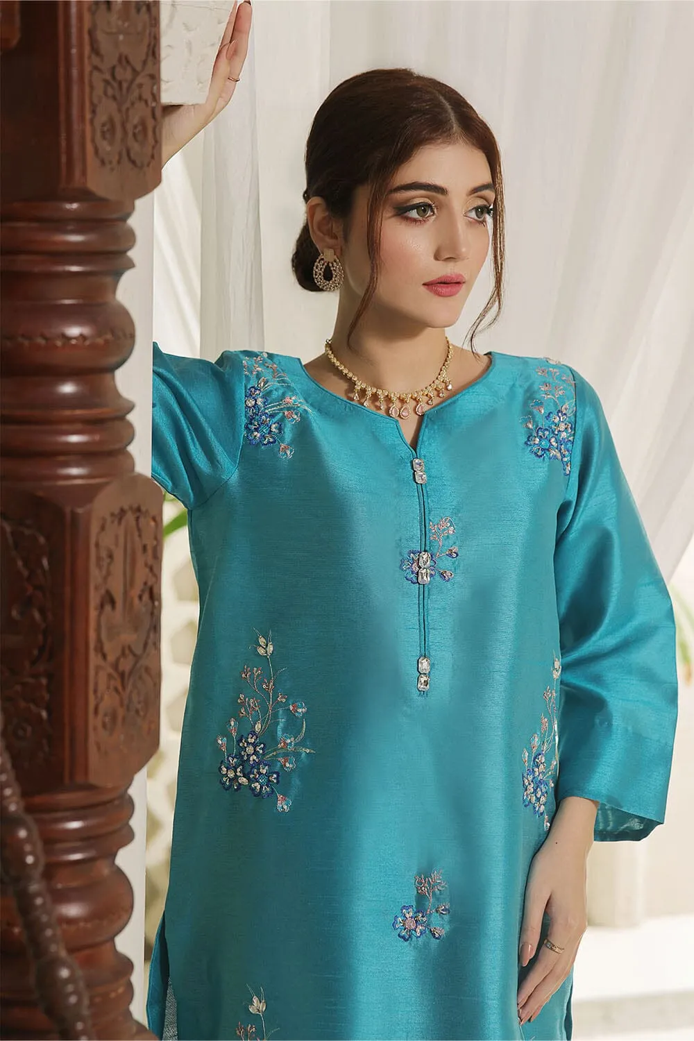 2PC Stitched Embroidered Silk Shirt & Trouser KFSE-2361