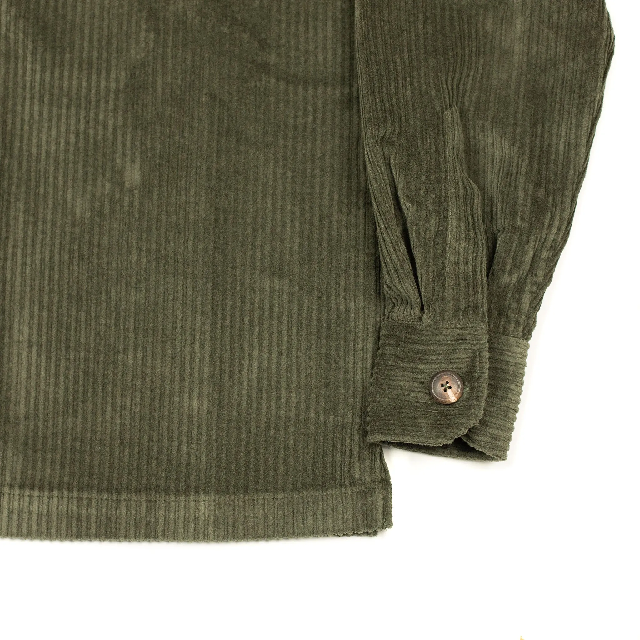 Aabba camp collar shirt jacket in olive green irregular wale cotton corduroy