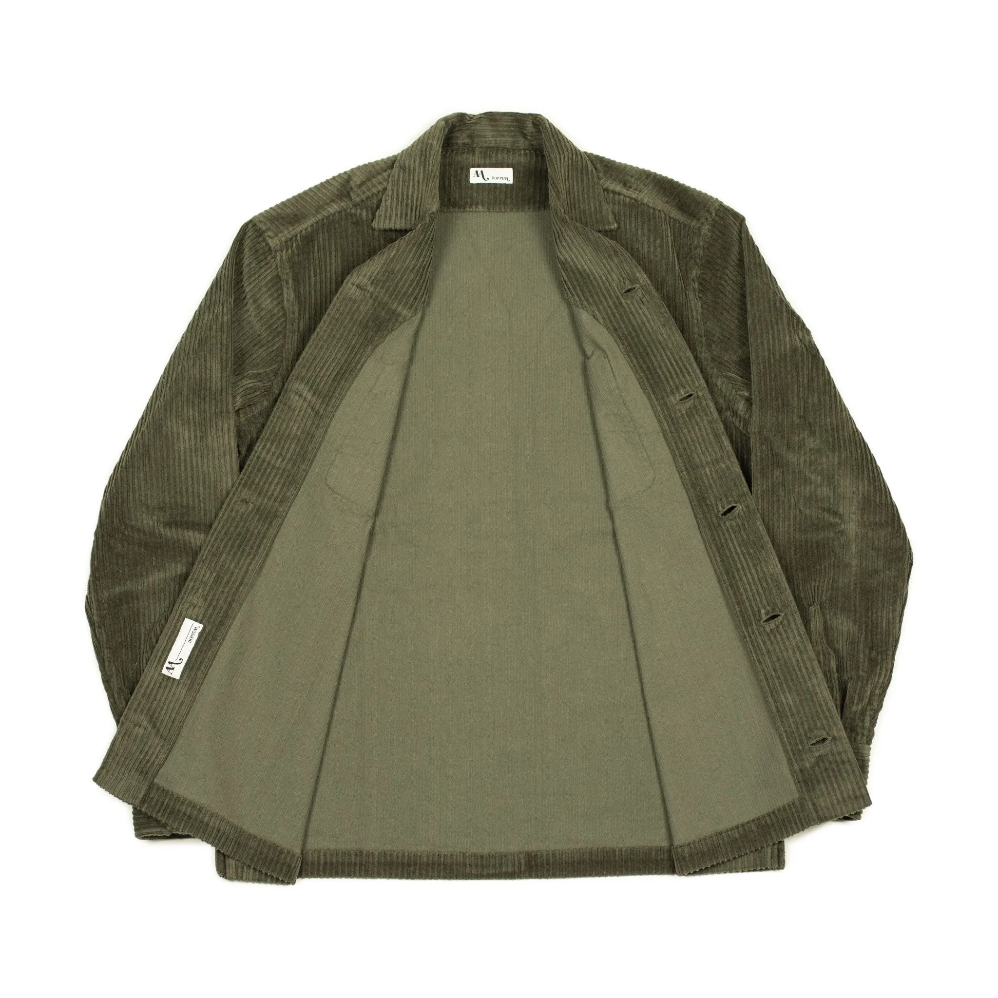 Aabba camp collar shirt jacket in olive green irregular wale cotton corduroy