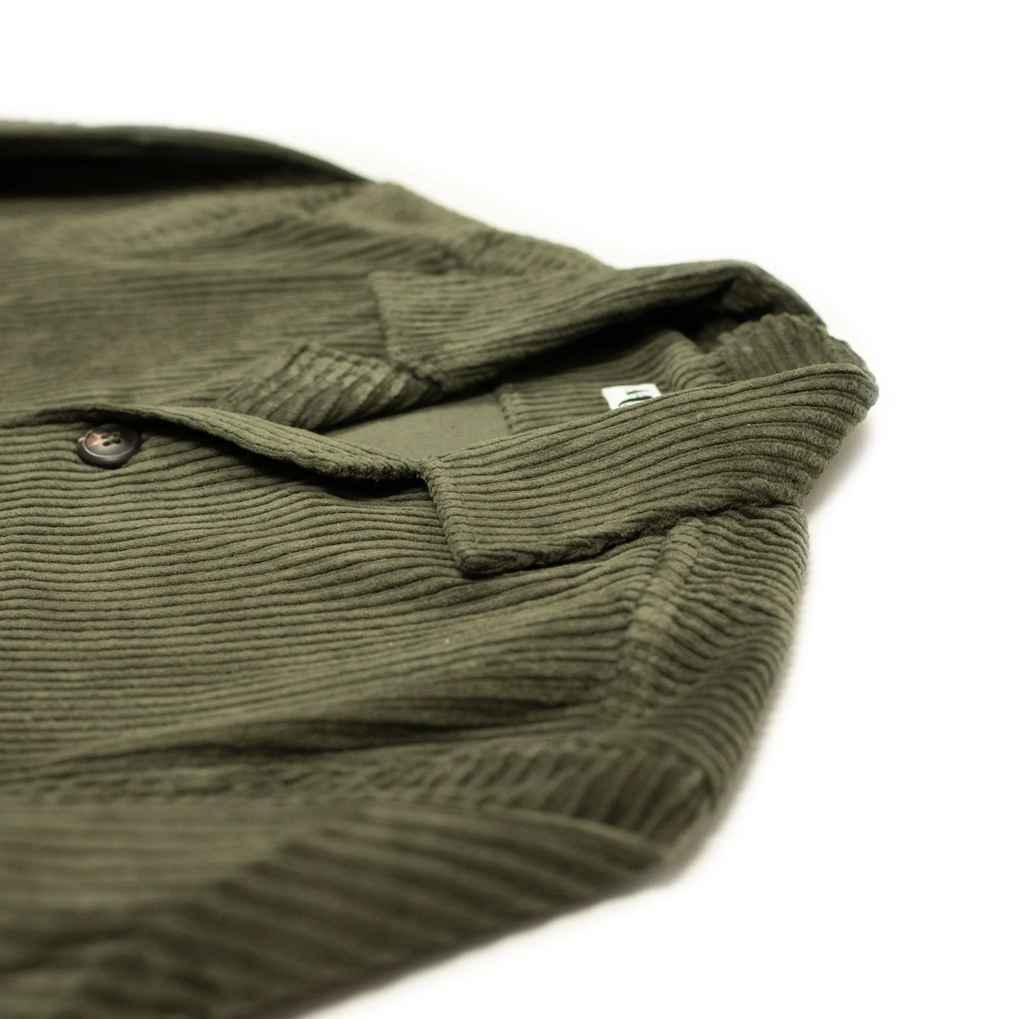 Aabba camp collar shirt jacket in olive green irregular wale cotton corduroy