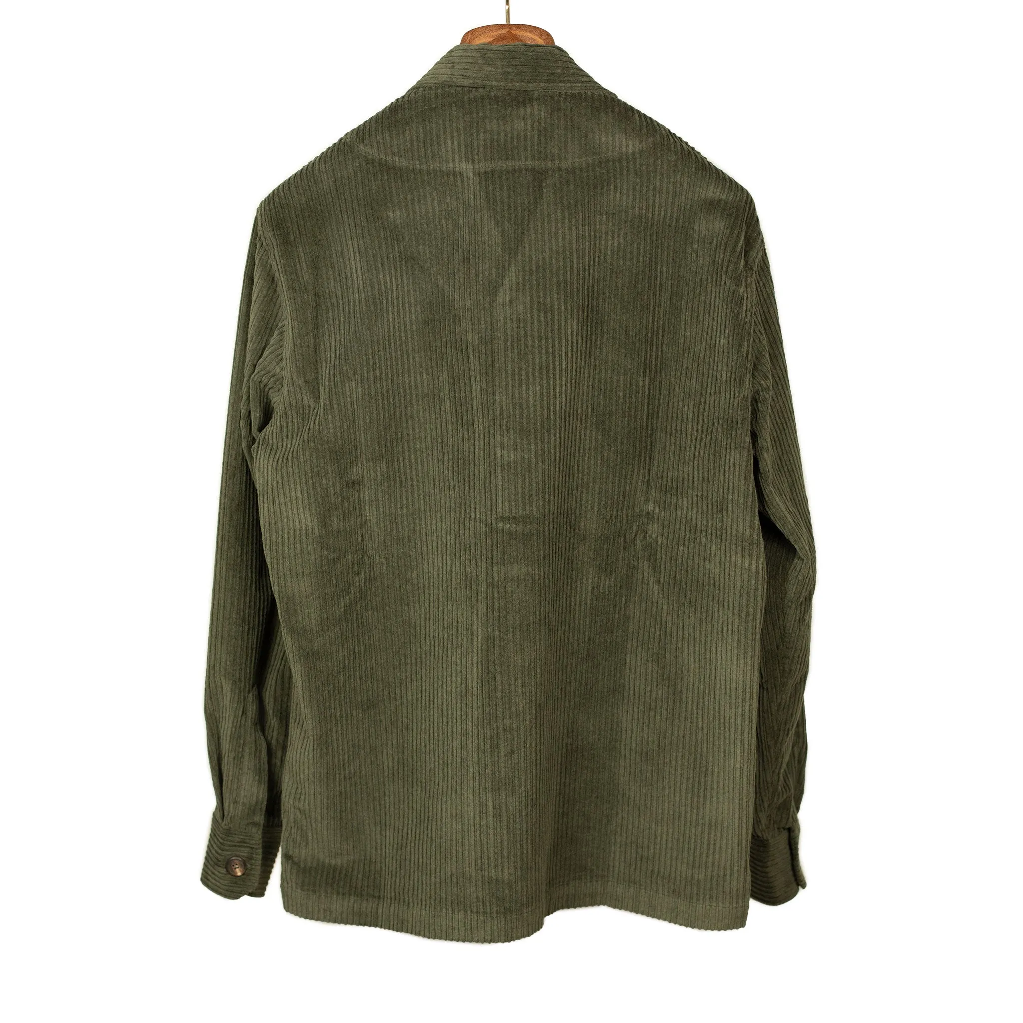 Aabba camp collar shirt jacket in olive green irregular wale cotton corduroy