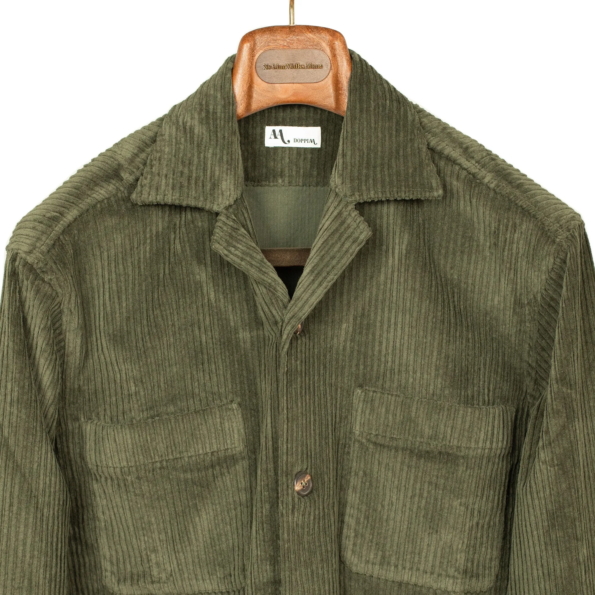 Aabba camp collar shirt jacket in olive green irregular wale cotton corduroy