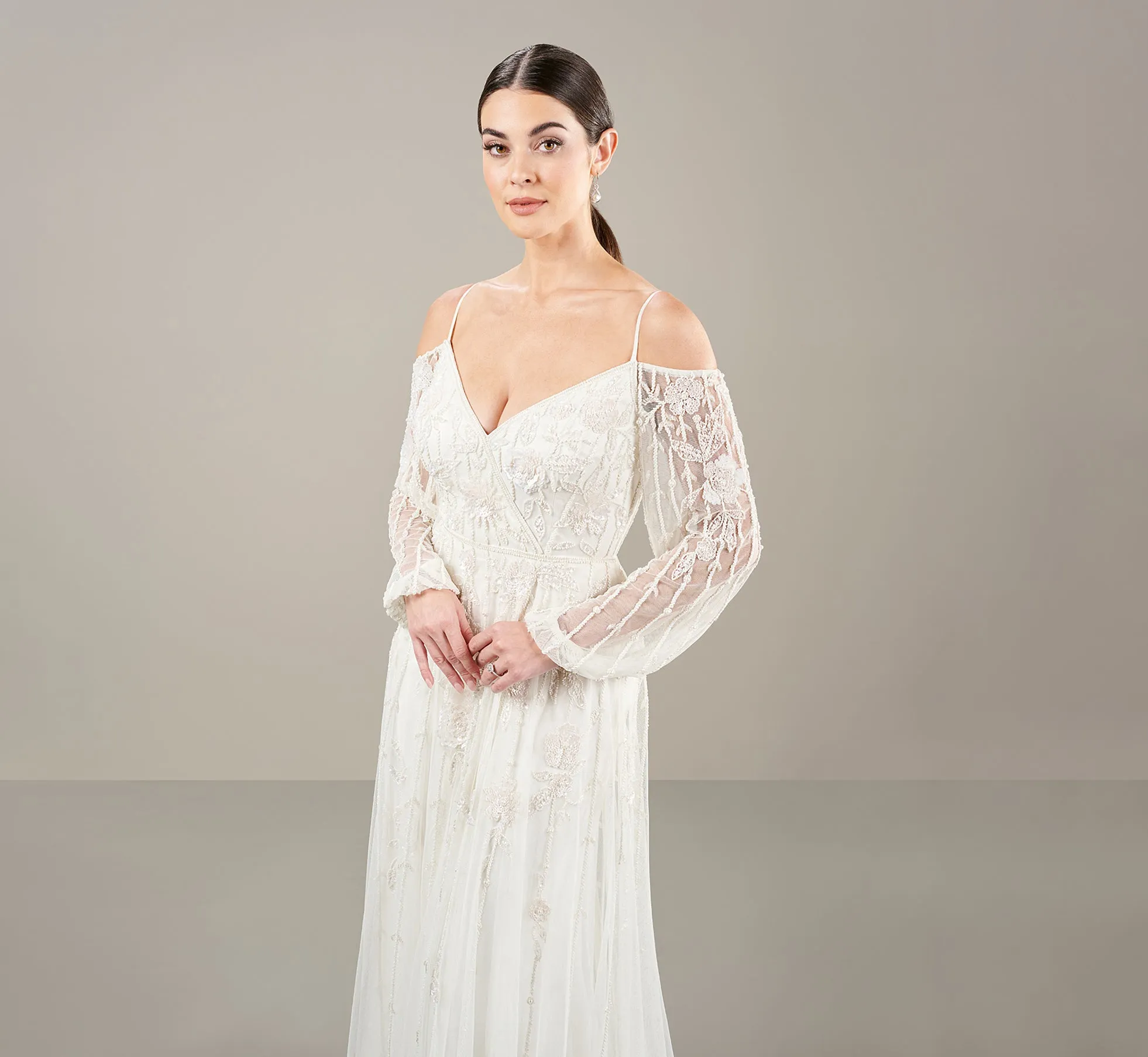 All Over Beaded Cold Shoulder Gown In Ivory