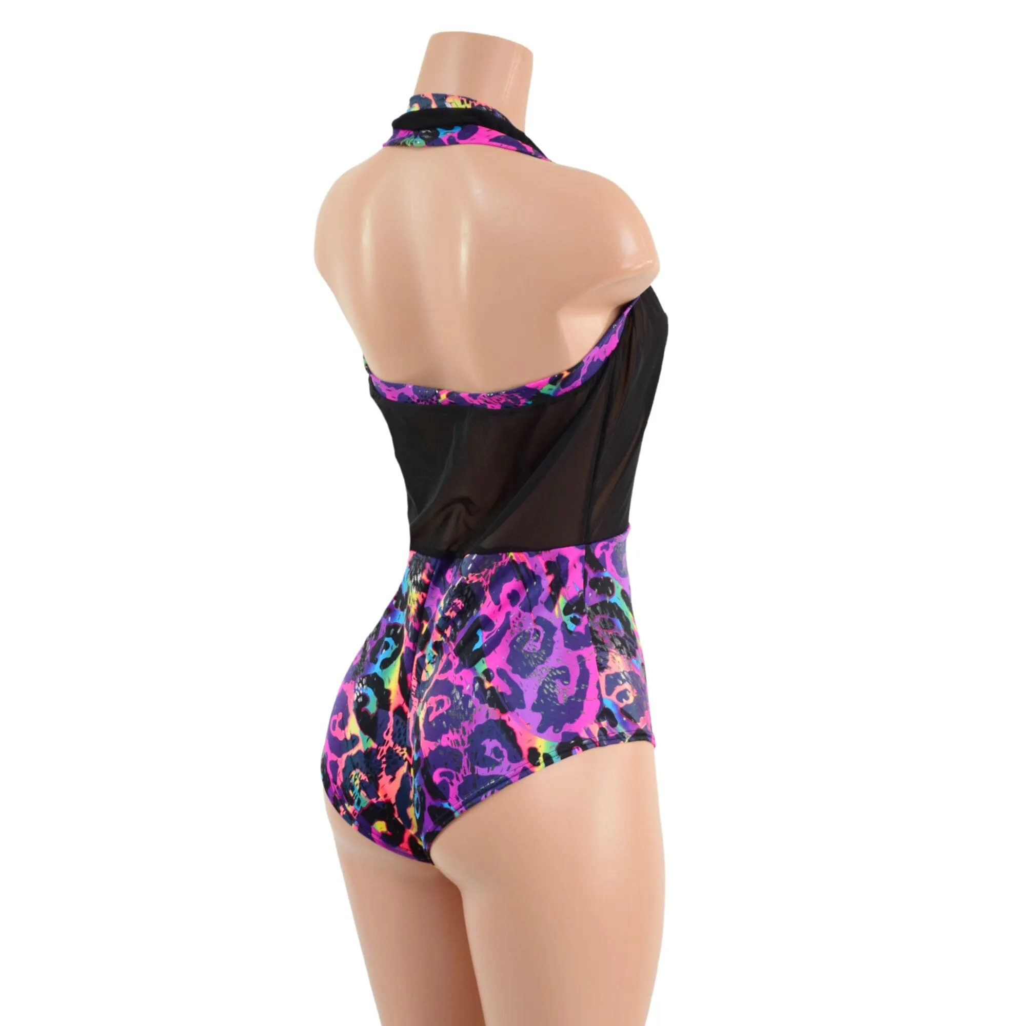 Backless Bella Romper in Black Mesh and Rainbow Leopard