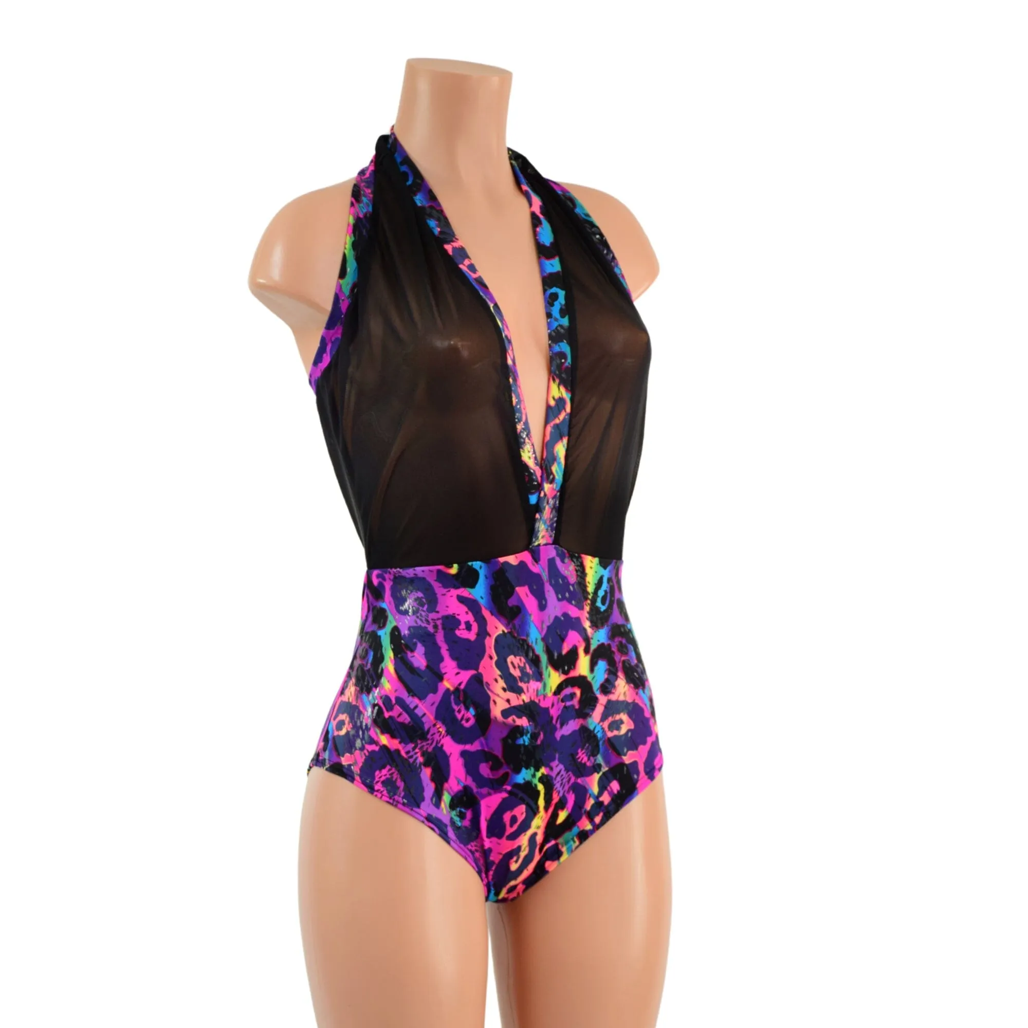 Backless Bella Romper in Black Mesh and Rainbow Leopard