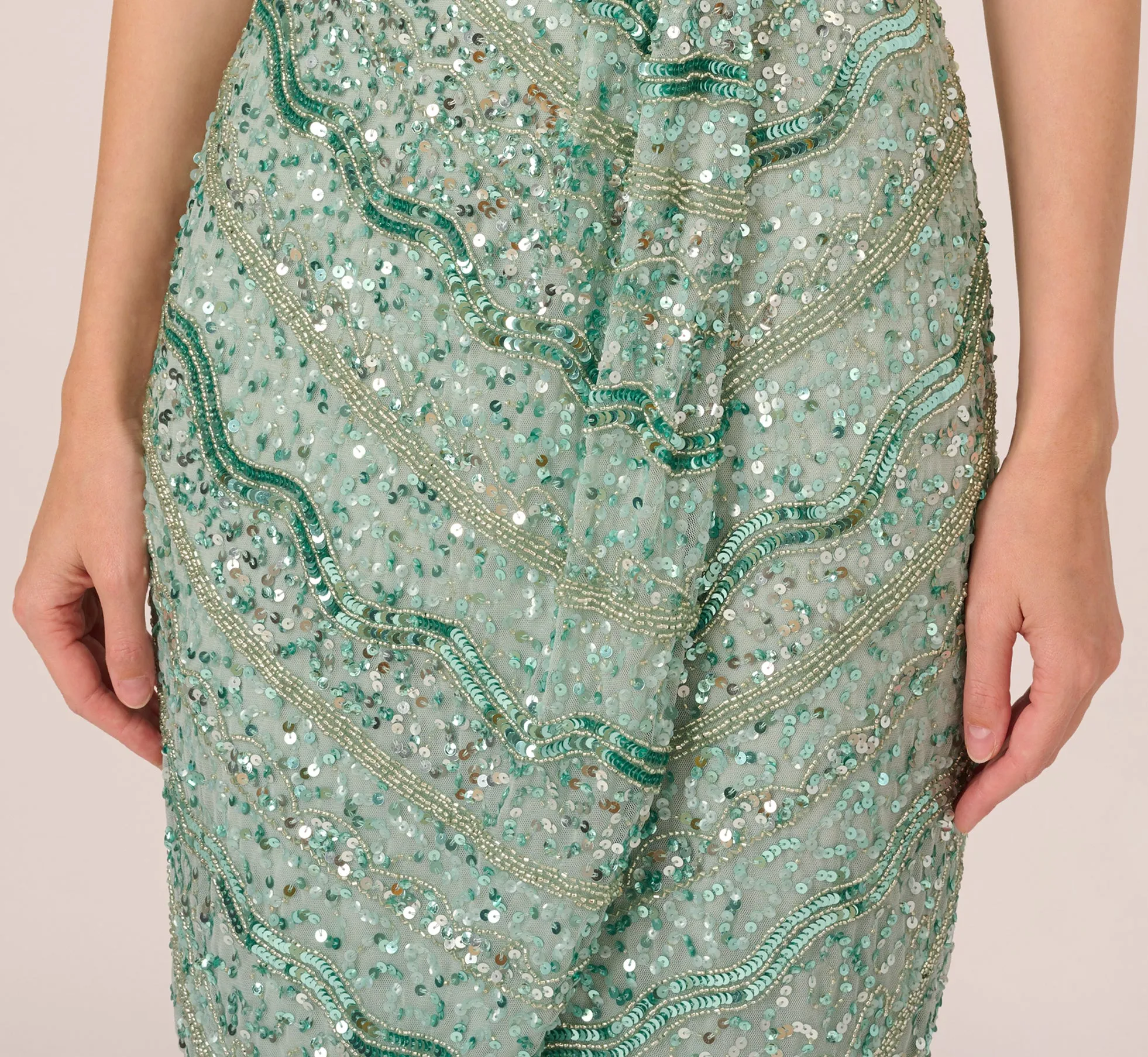 Beaded Faux Wrap Dress With Sheer Cap Sleeves In Icy Sage