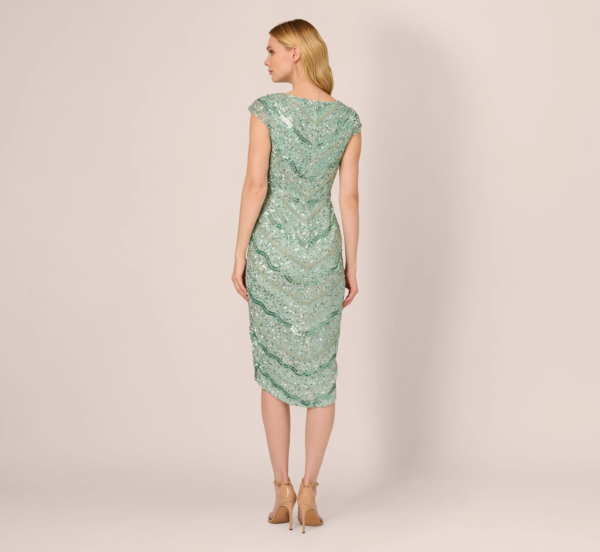 Beaded Faux Wrap Dress With Sheer Cap Sleeves In Icy Sage