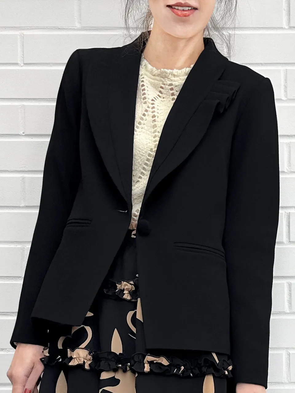 Black Asymmetrical Ruffled Lapel One Button suit jacket