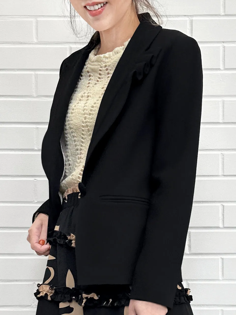 Black Asymmetrical Ruffled Lapel One Button suit jacket