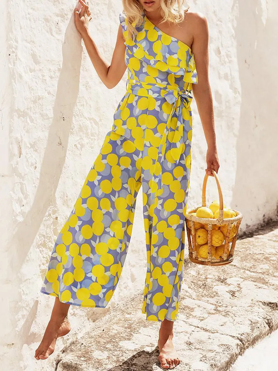 Casual One-Shoulder Ruffled Wave Dot Print Jumpsuit