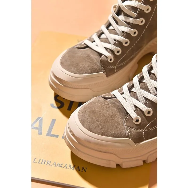 Casual Sneakers Women Suede Leather Round Toe Lace-Free High Top Ladies Retro fashion Flat Shoes Handmade