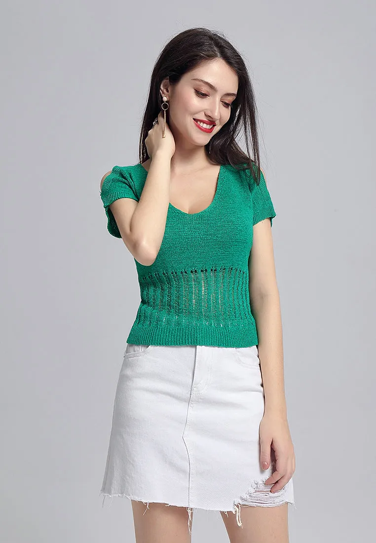 cold shoulder knitted mesh top