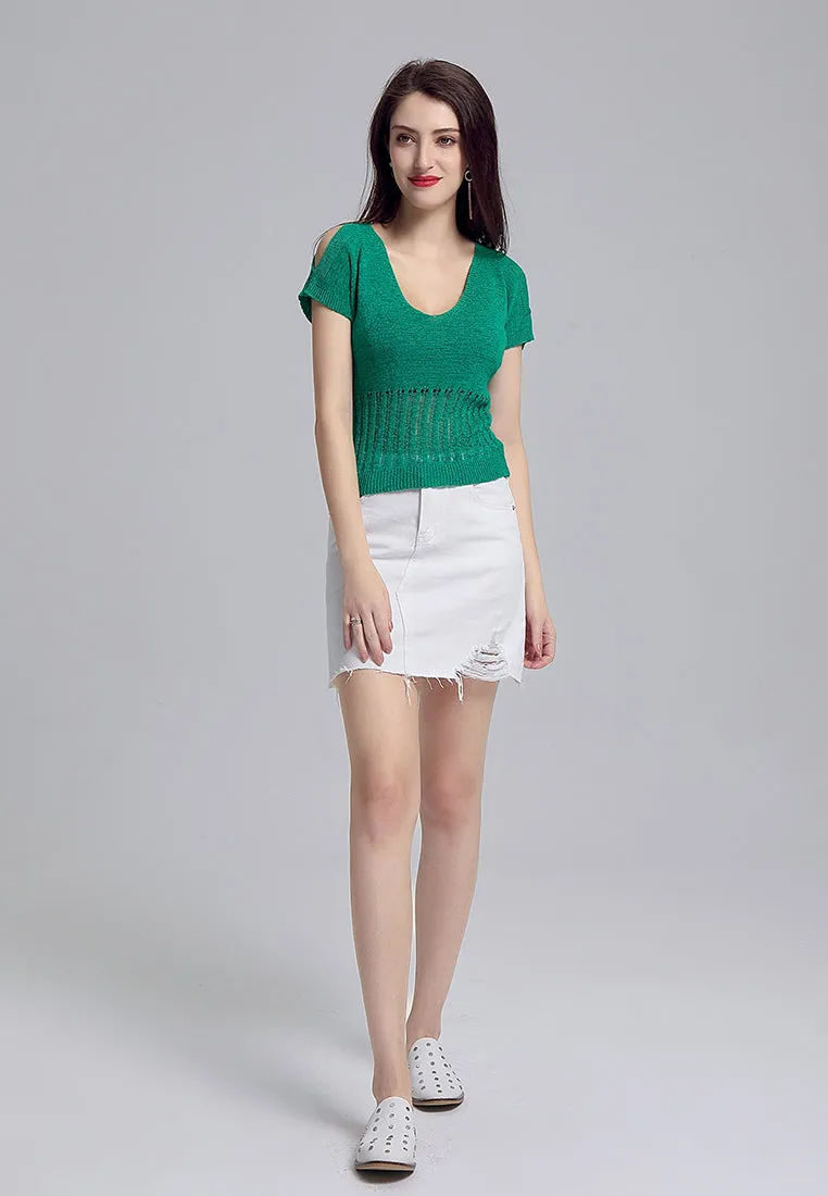 cold shoulder knitted mesh top