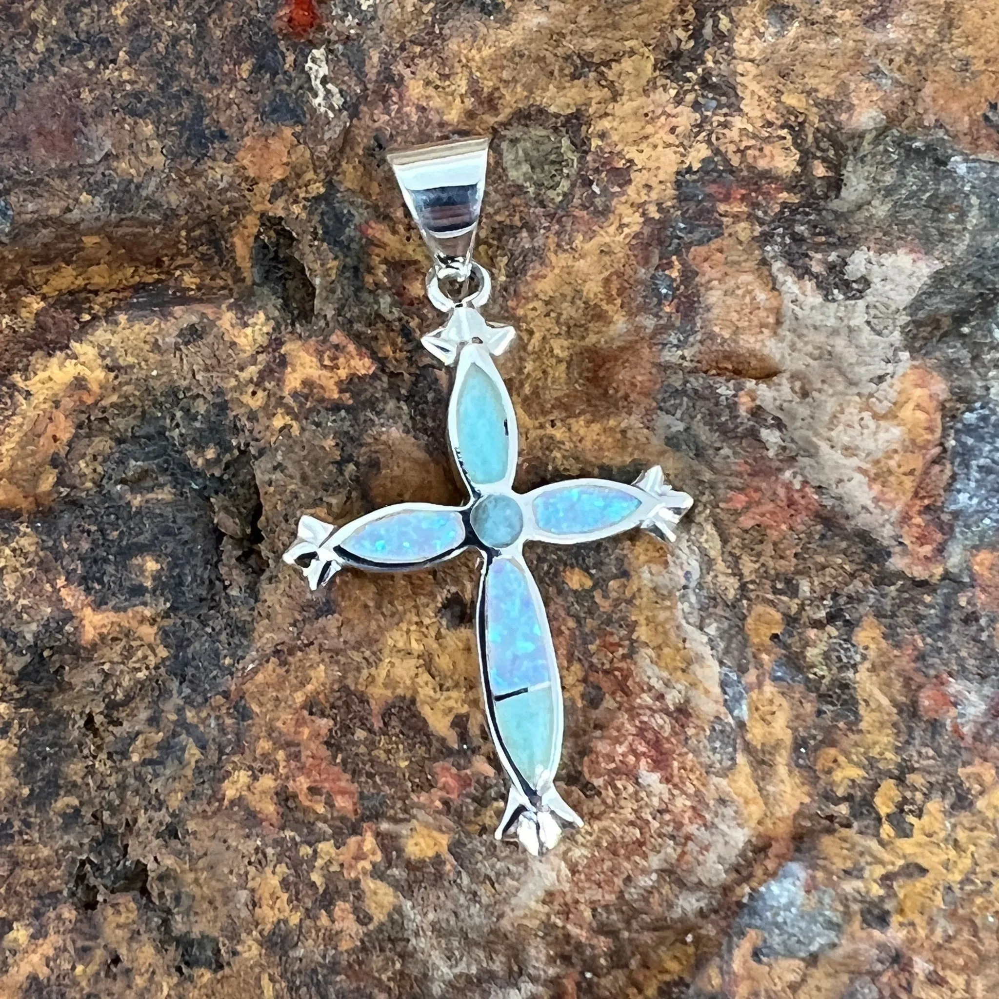 David Rosales Amazing Light Inlaid Sterling Silver Pendant Cross