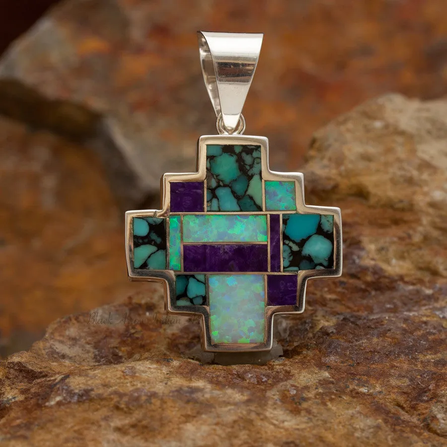 David Rosales Shalako Inlaid Sterling Silver Pendant Two-Sided Cross