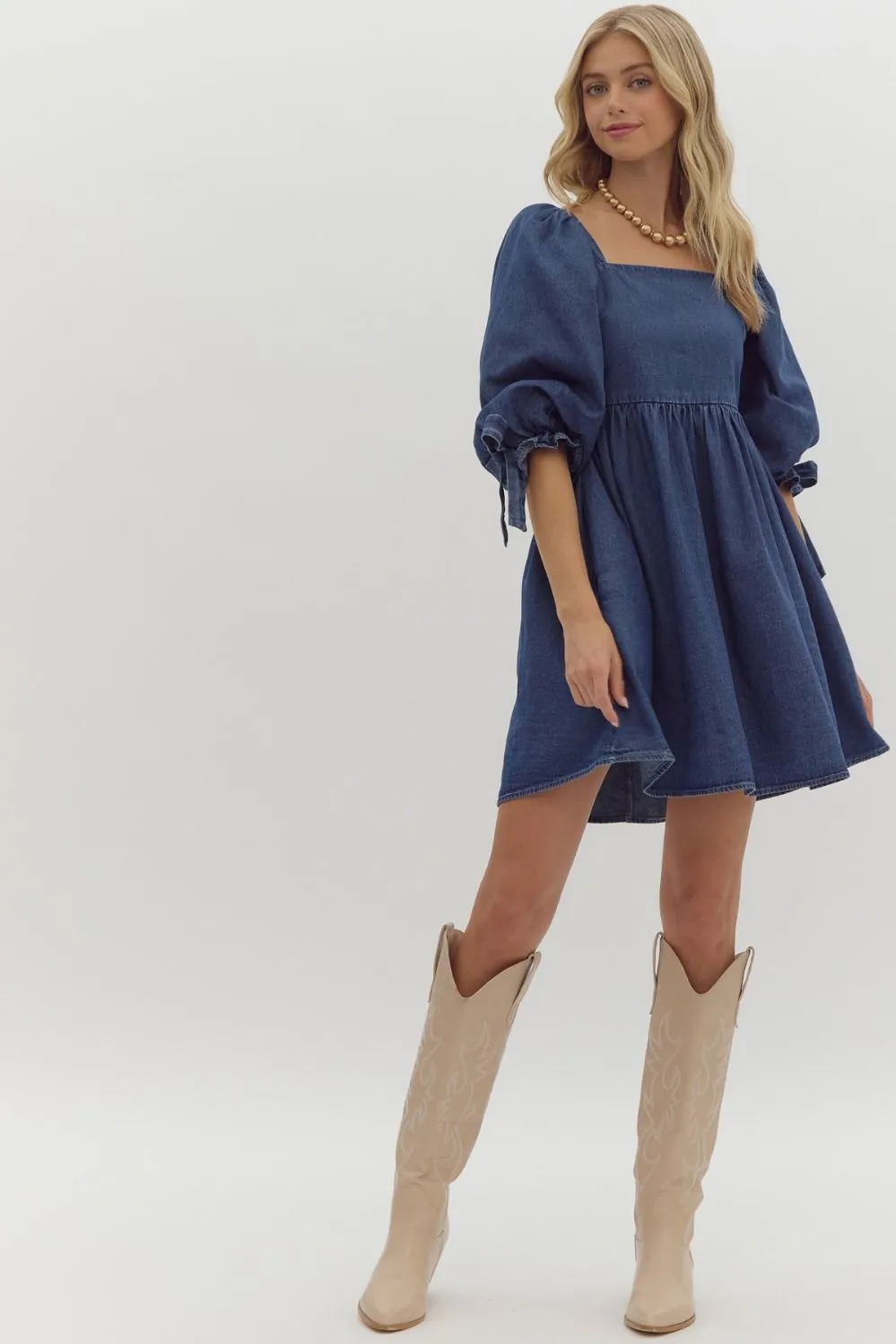 Denim Half Sleeve Square Neck Mini Dress