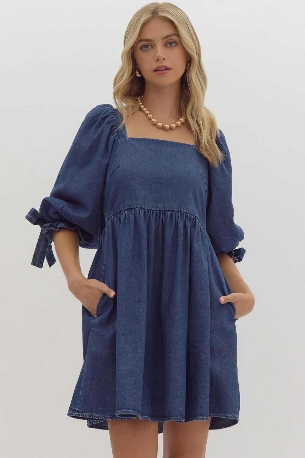 Denim Half Sleeve Square Neck Mini Dress