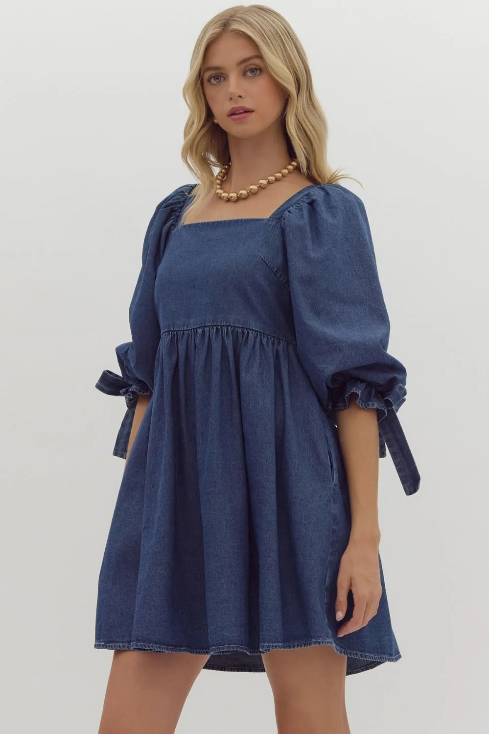 Denim Half Sleeve Square Neck Mini Dress