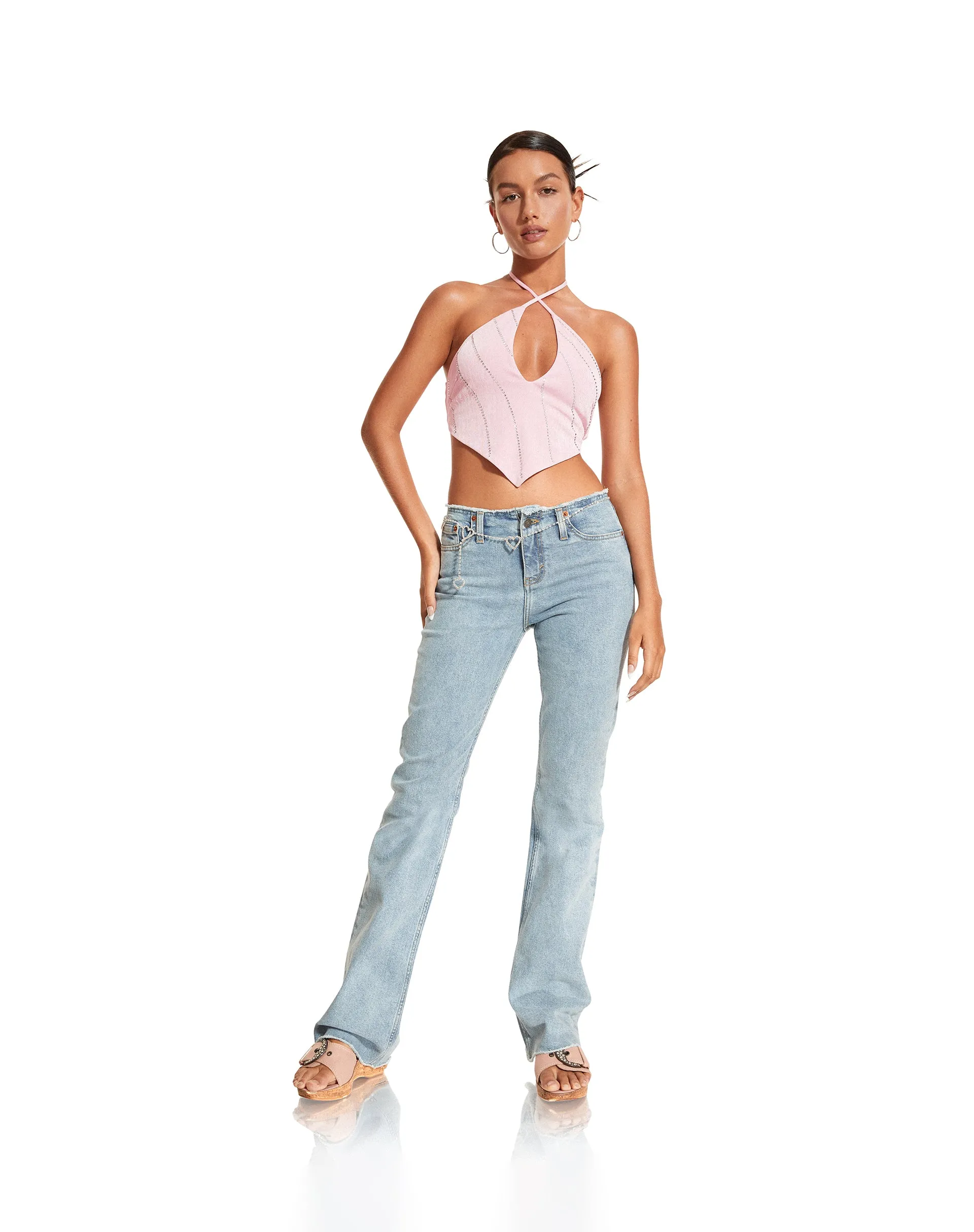 Domre Crop Top in Baby Pink Silver Stud Hotfix