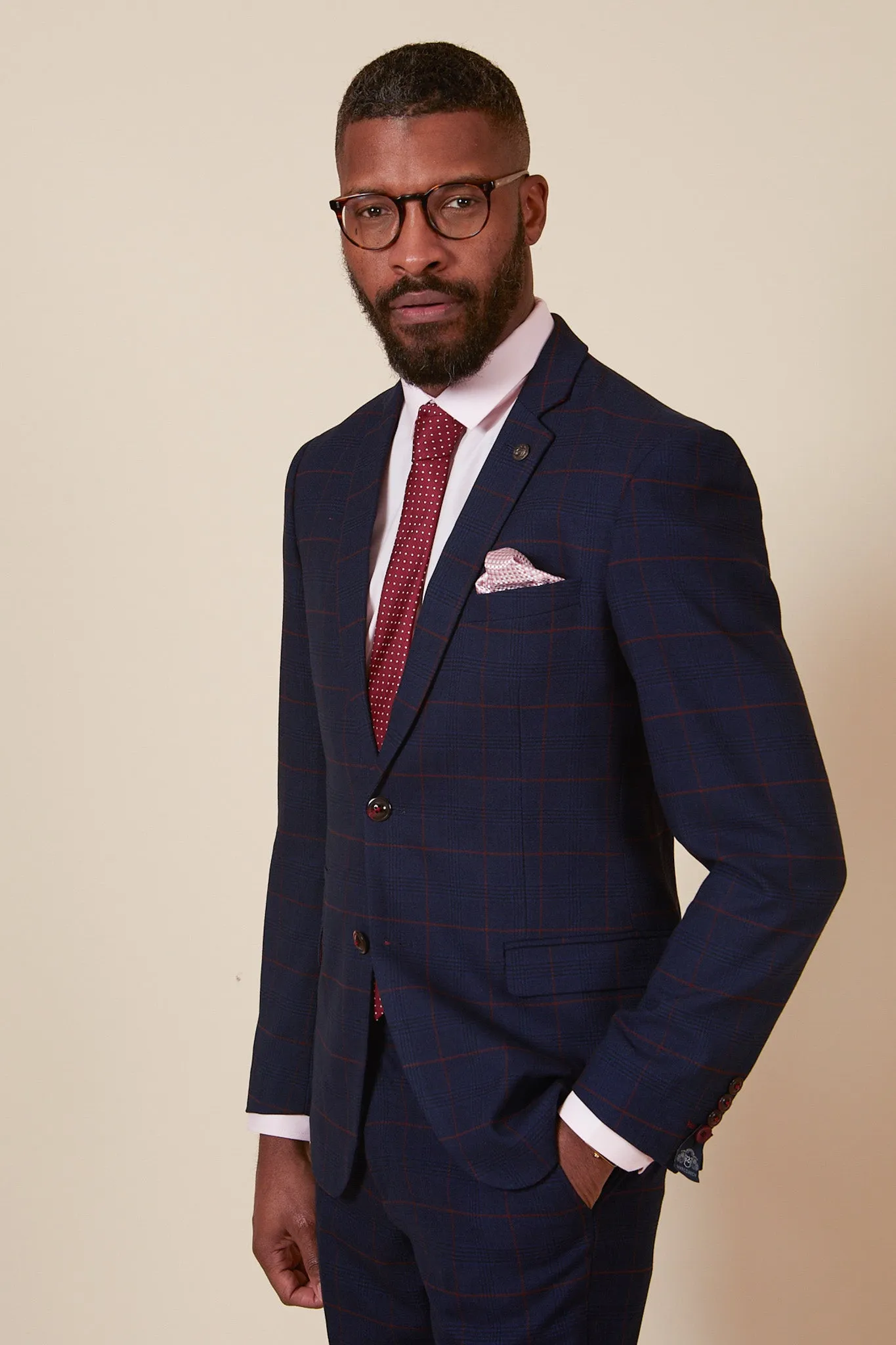 EDINSON - Navy Wine Check Two Piece Suit