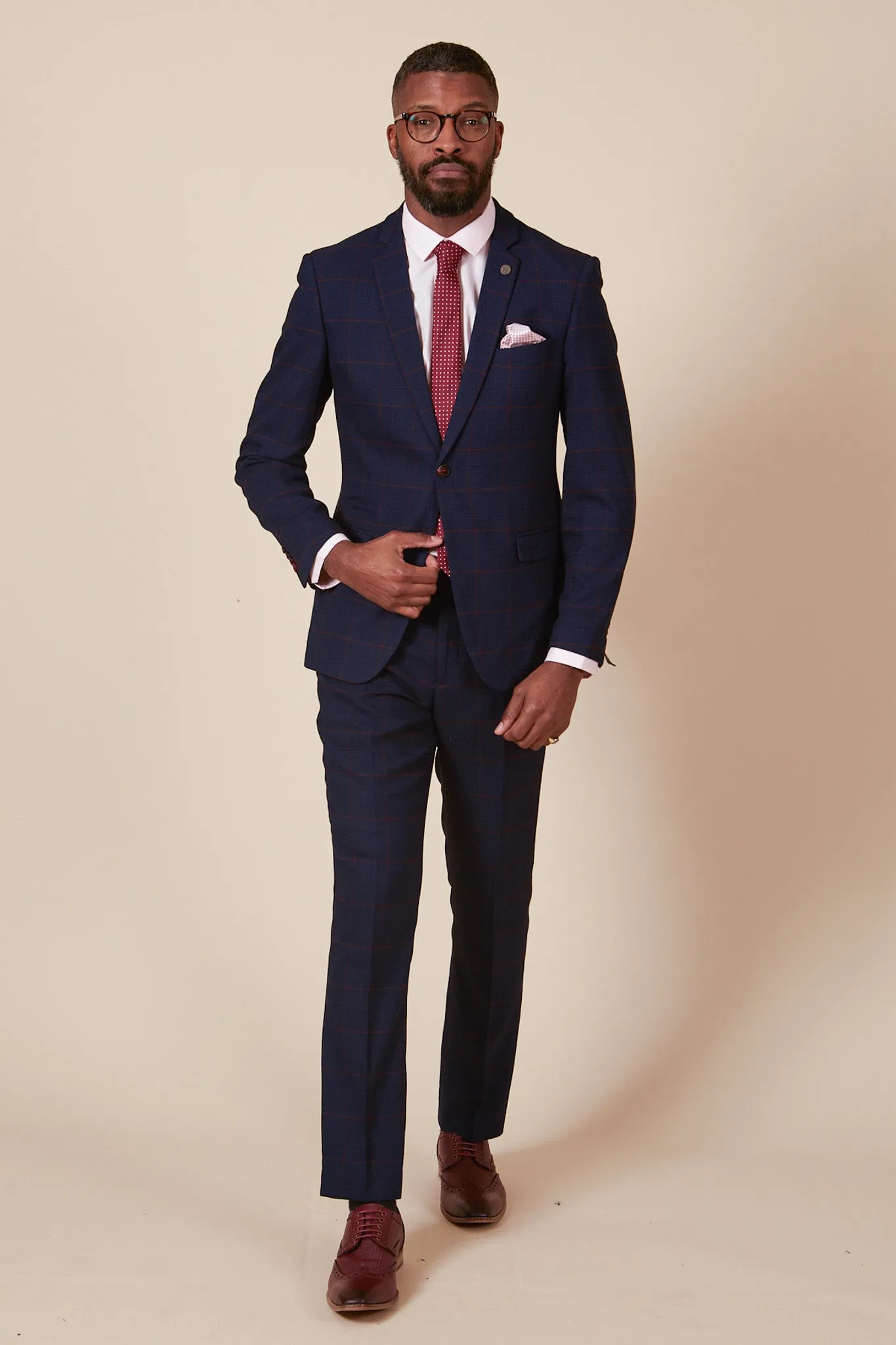 EDINSON - Navy Wine Check Two Piece Suit