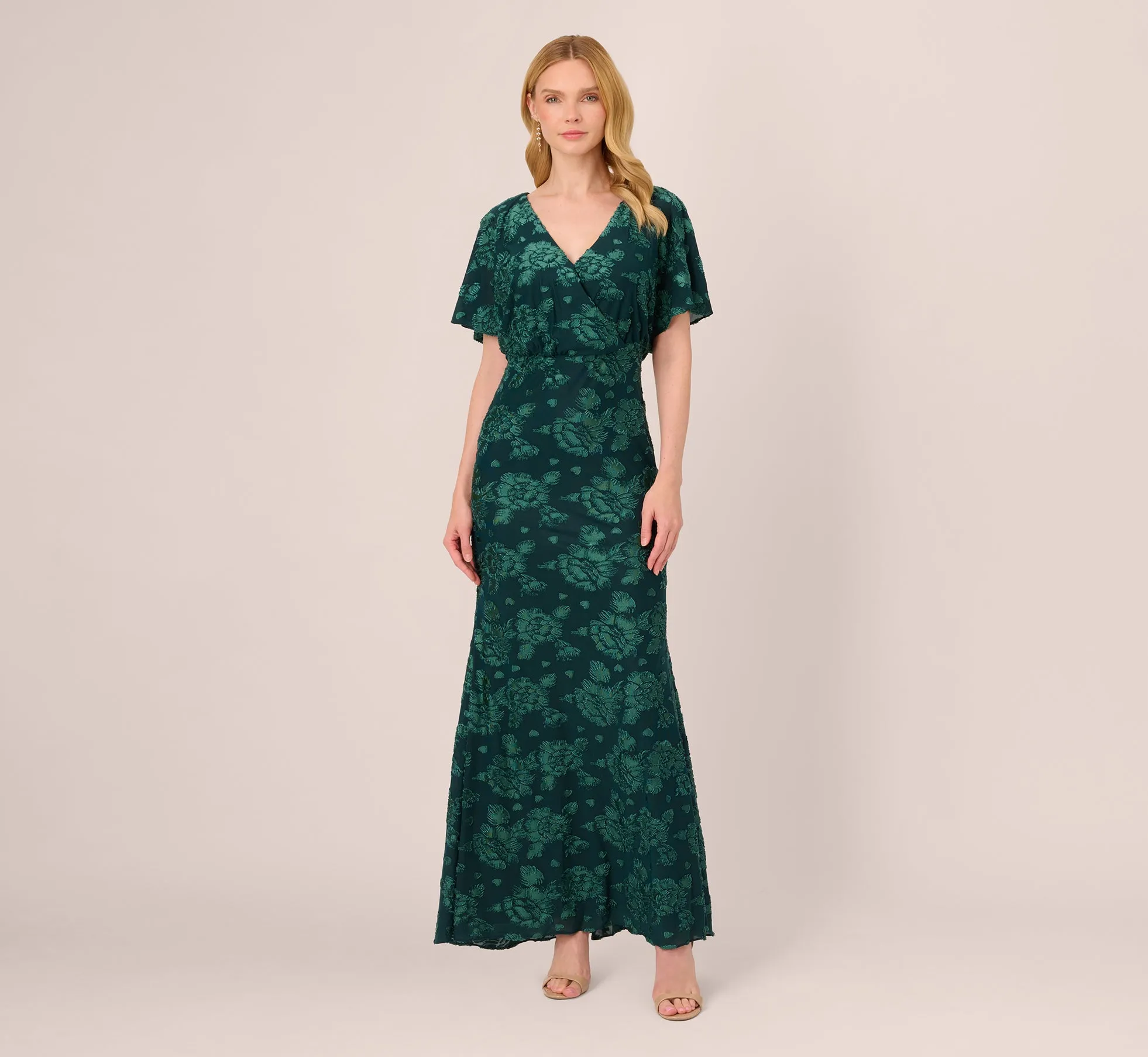 Floral Burnout Velvet Long Blouson Gown In Hunter