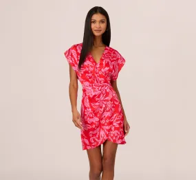 Floral Satin Faux Wrap Dress With Dolman Sleeves In Red Pink