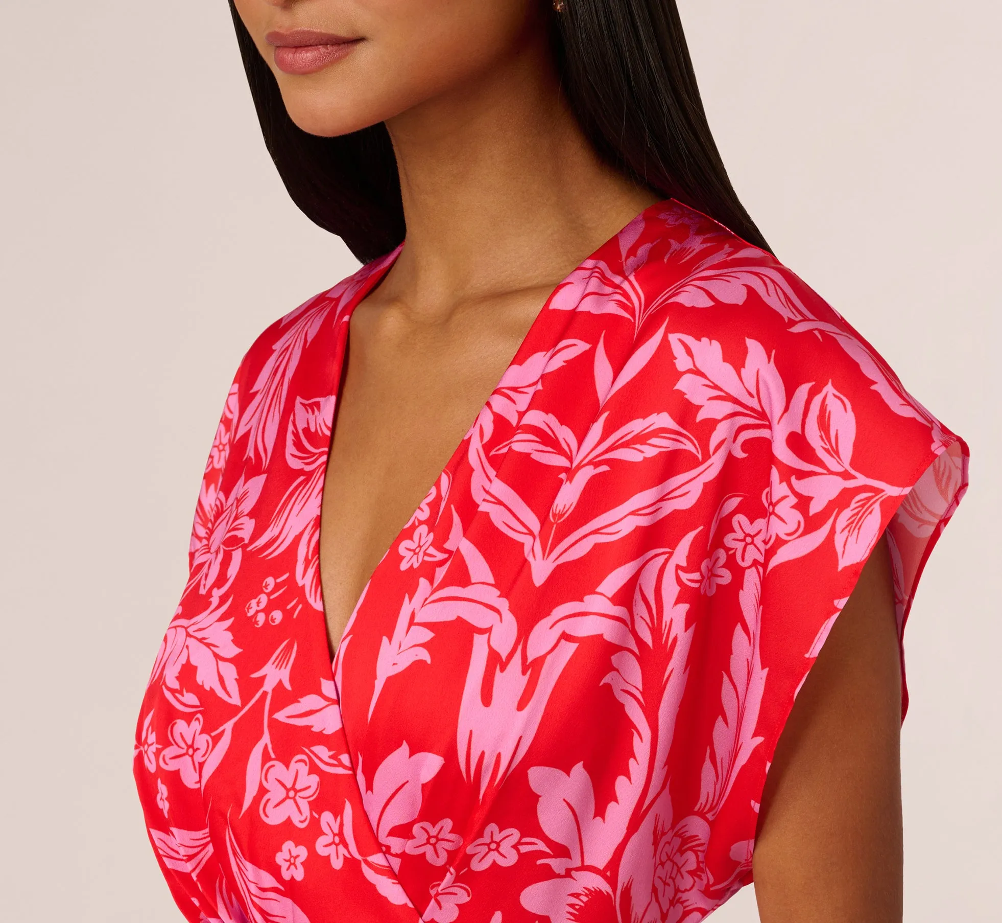 Floral Satin Faux Wrap Dress With Dolman Sleeves In Red Pink