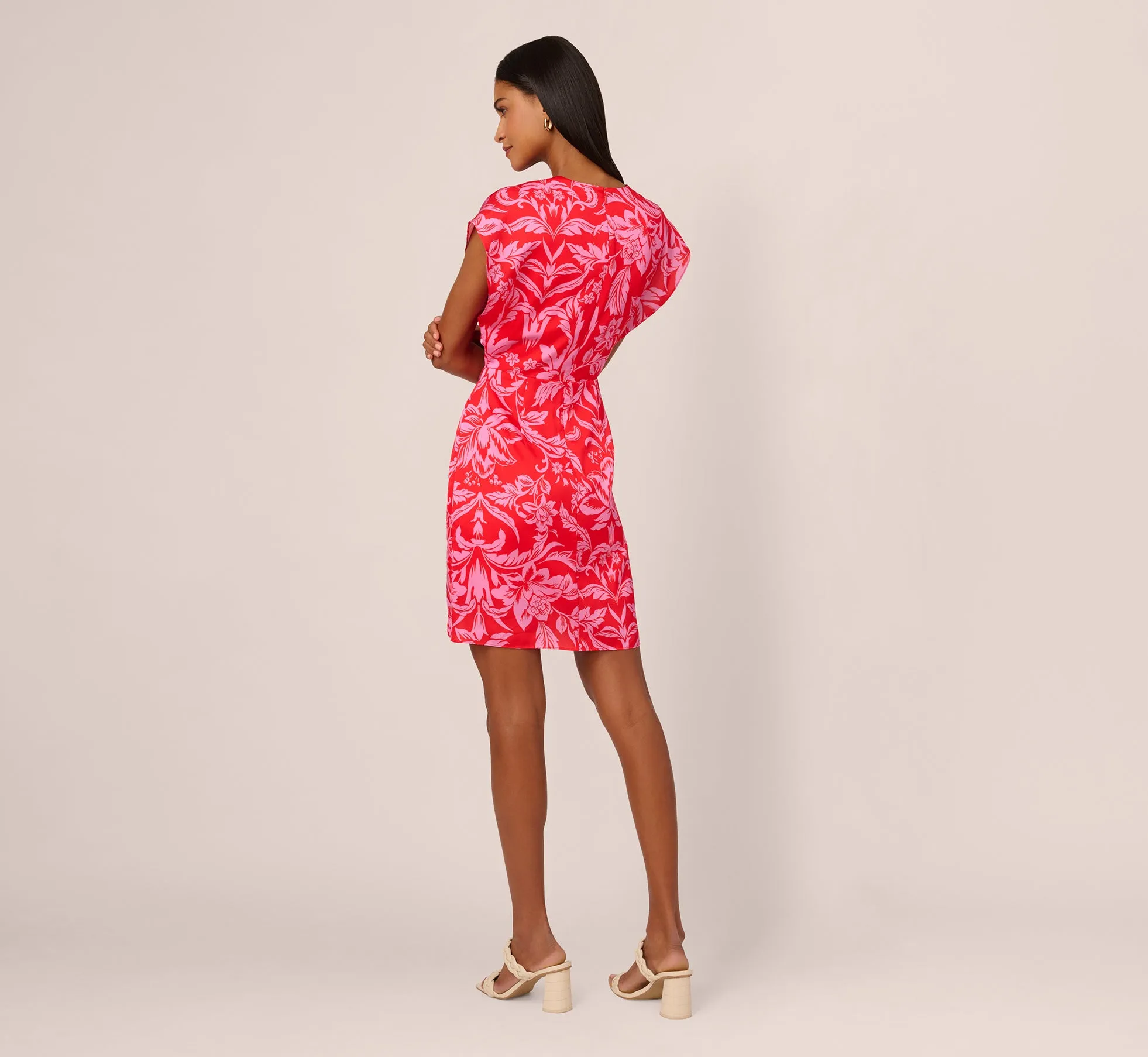 Floral Satin Faux Wrap Dress With Dolman Sleeves In Red Pink