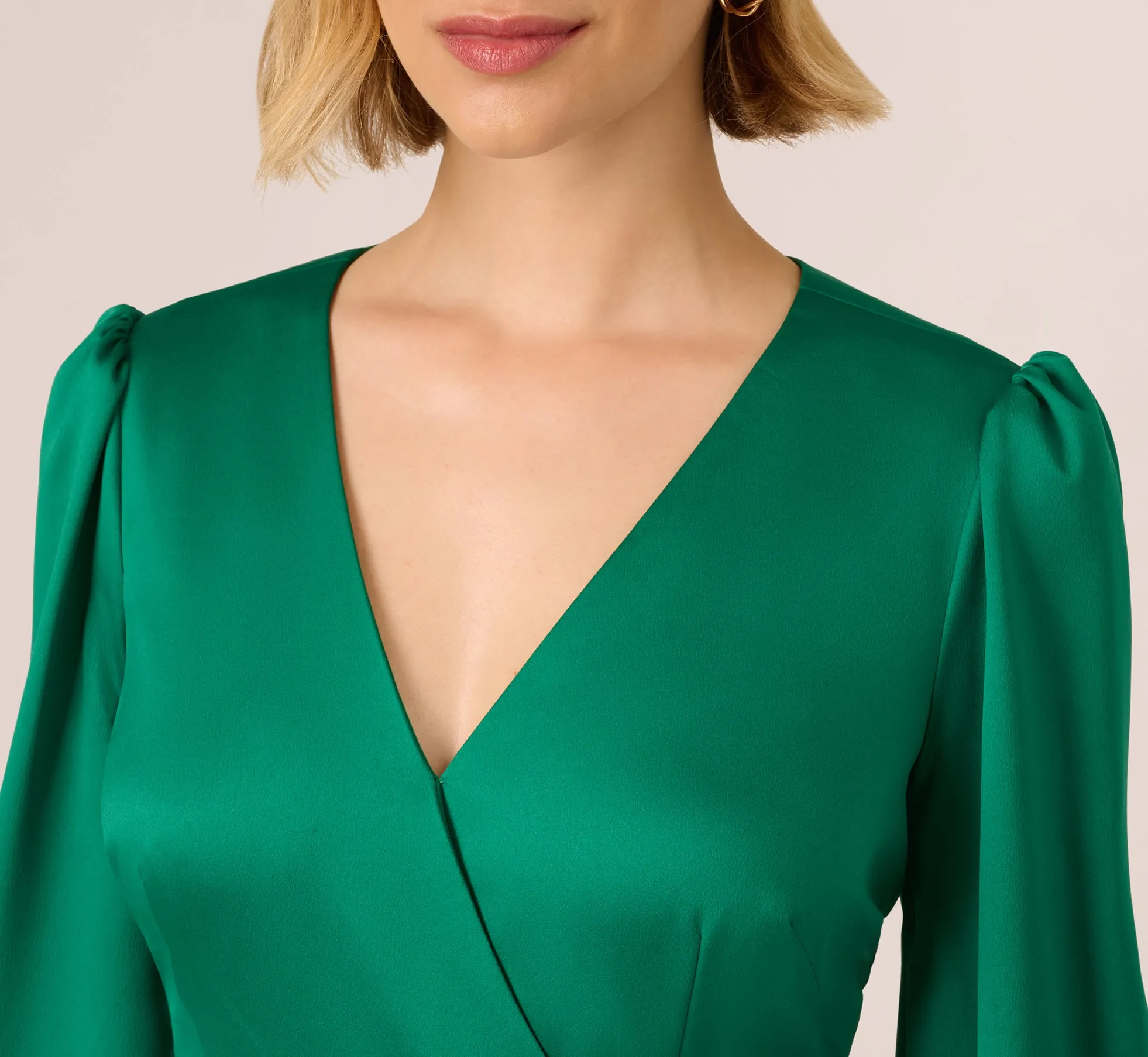 Godet Faux Wrap Short Dress In Radiant Emerald