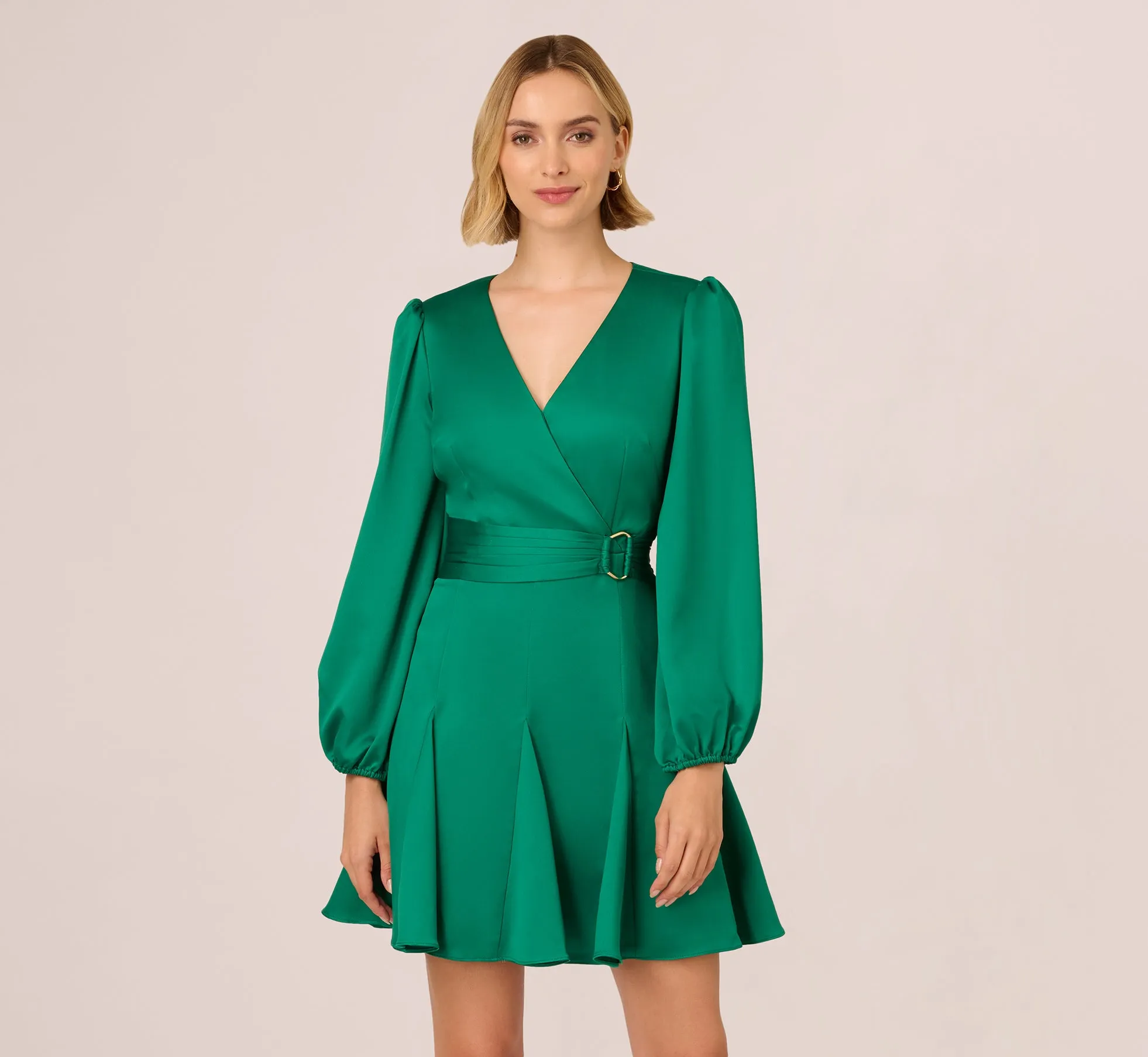 Godet Faux Wrap Short Dress In Radiant Emerald