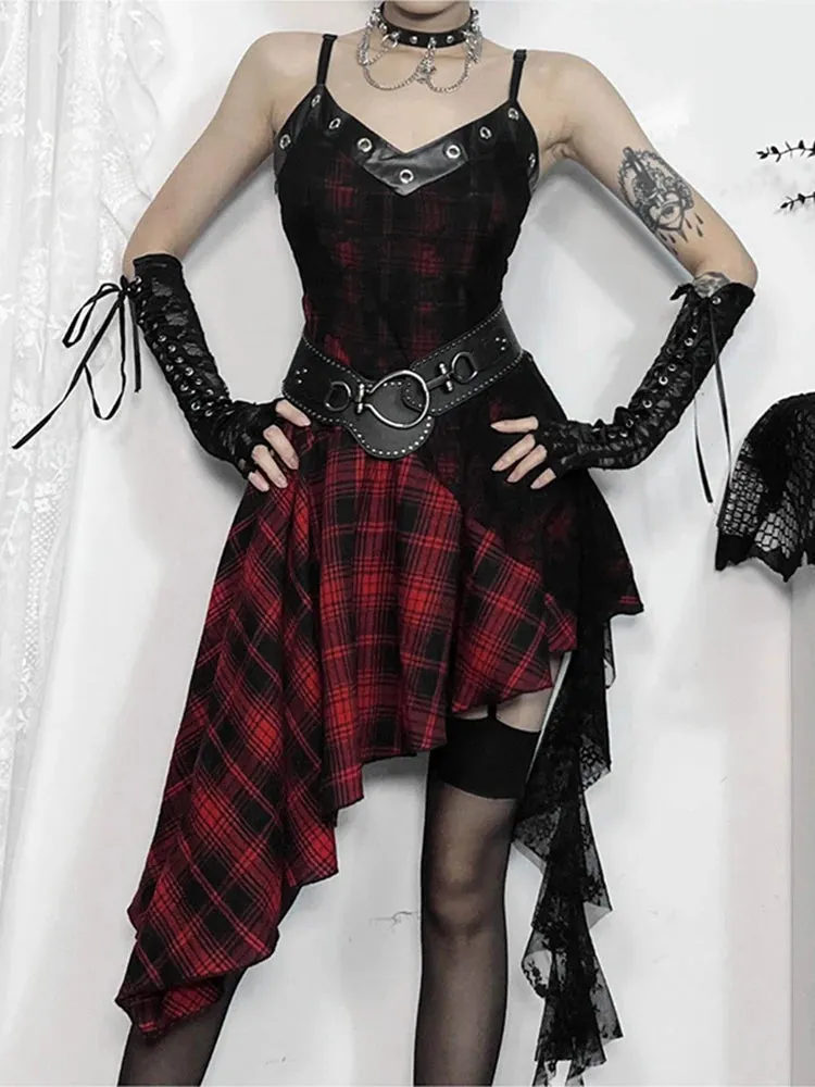 Gothic Y2K Irregular Red Plaid Lace Vintage Backless Patchwork Party Club Dress