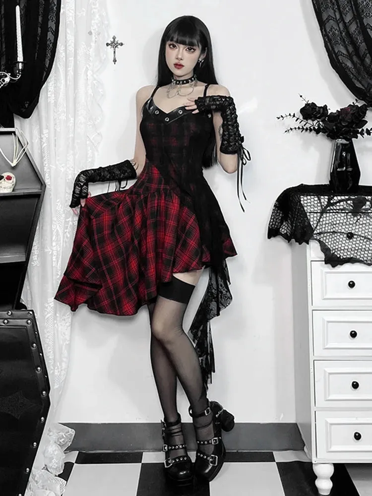 Gothic Y2K Irregular Red Plaid Lace Vintage Backless Patchwork Party Club Dress