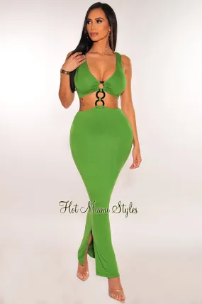 Green Black O-Ring Sleeveless Cut Out Double Slit Dress