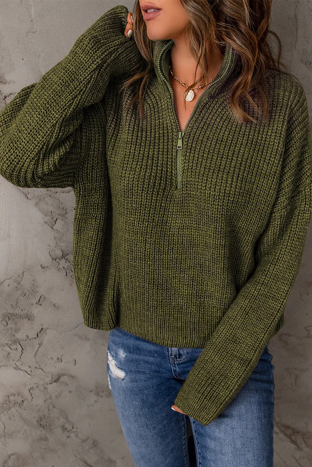 Half Zip Rib-Knit Dropped Shoulder Sweater