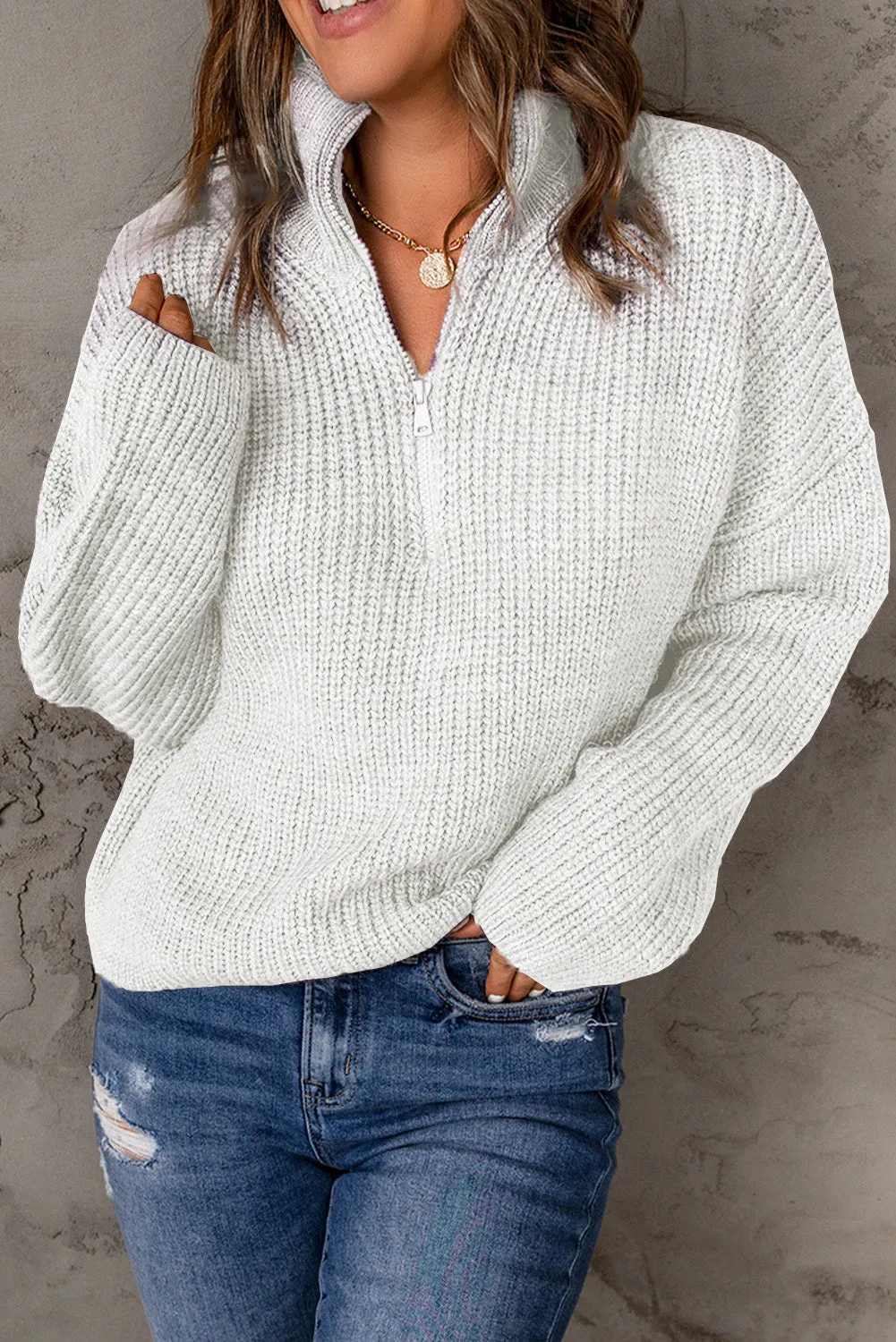 Half Zip Rib-Knit Dropped Shoulder Sweater