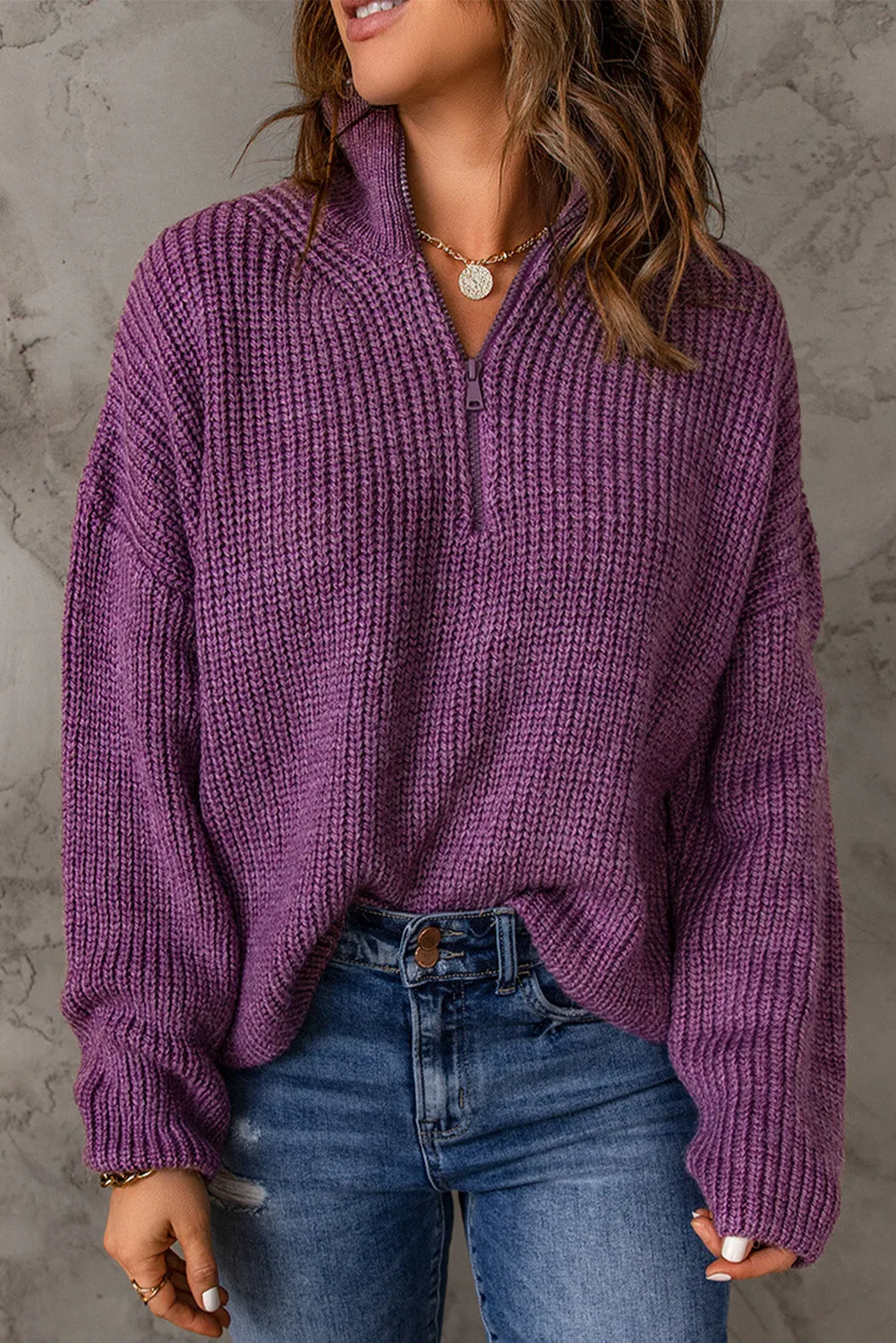 Half Zip Rib-Knit Dropped Shoulder Sweater