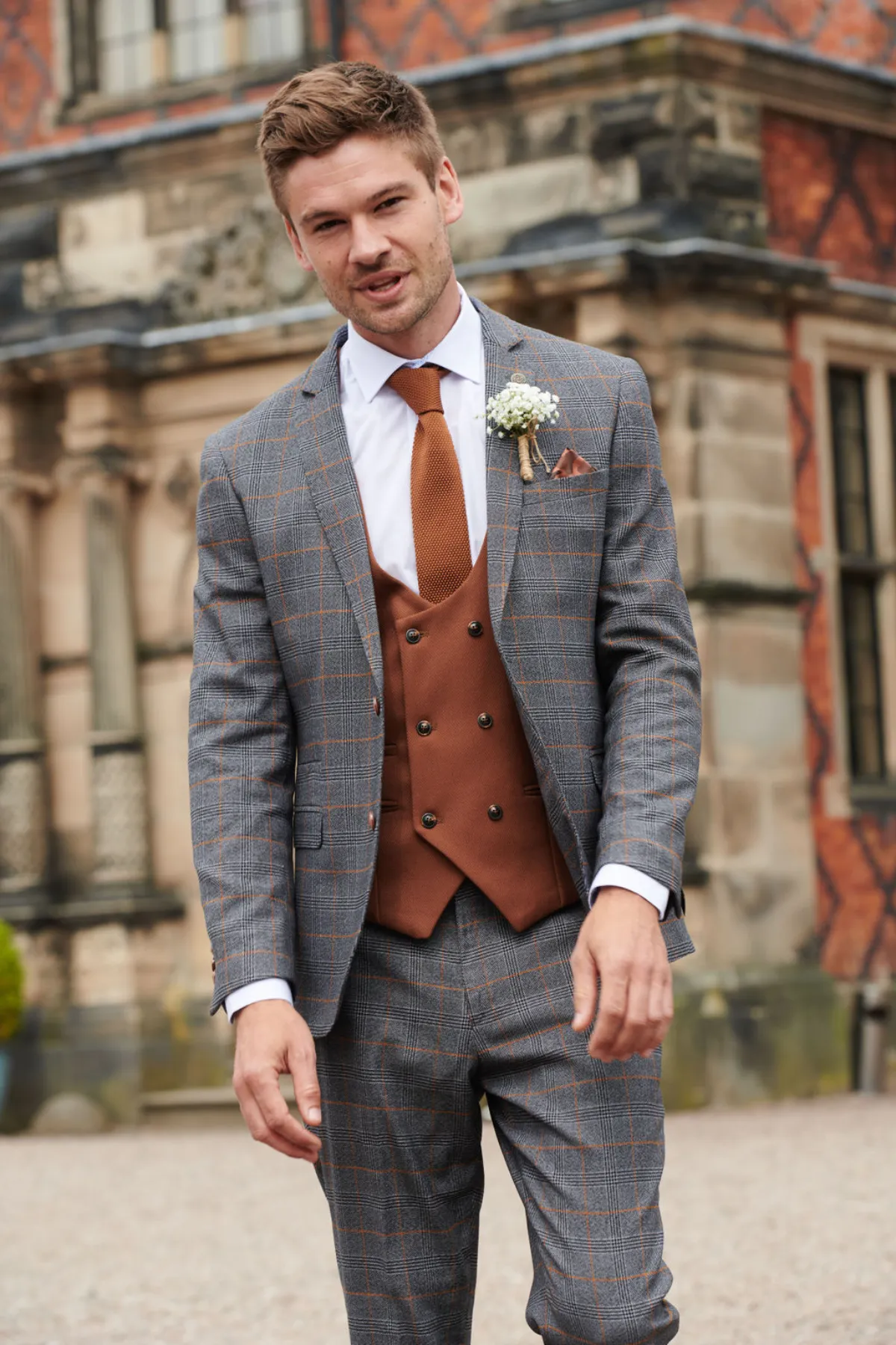 JENSON - Grey Check Suit With KELVIN Tan Waistcoat