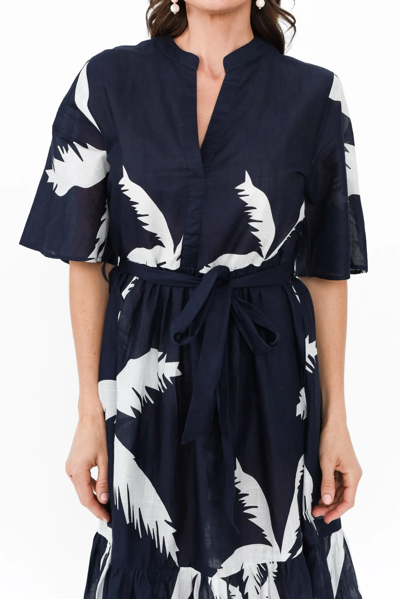 Lestelle Navy Palm Cotton Tie Dress