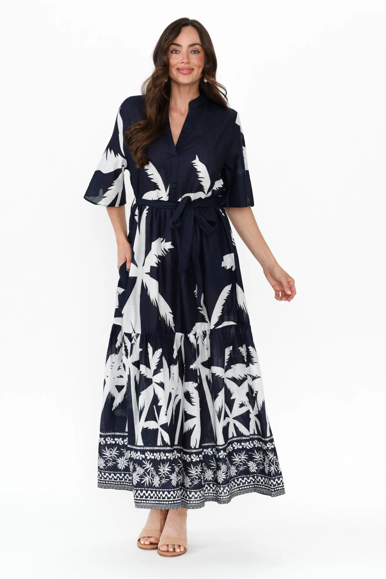 Lestelle Navy Palm Cotton Tie Dress