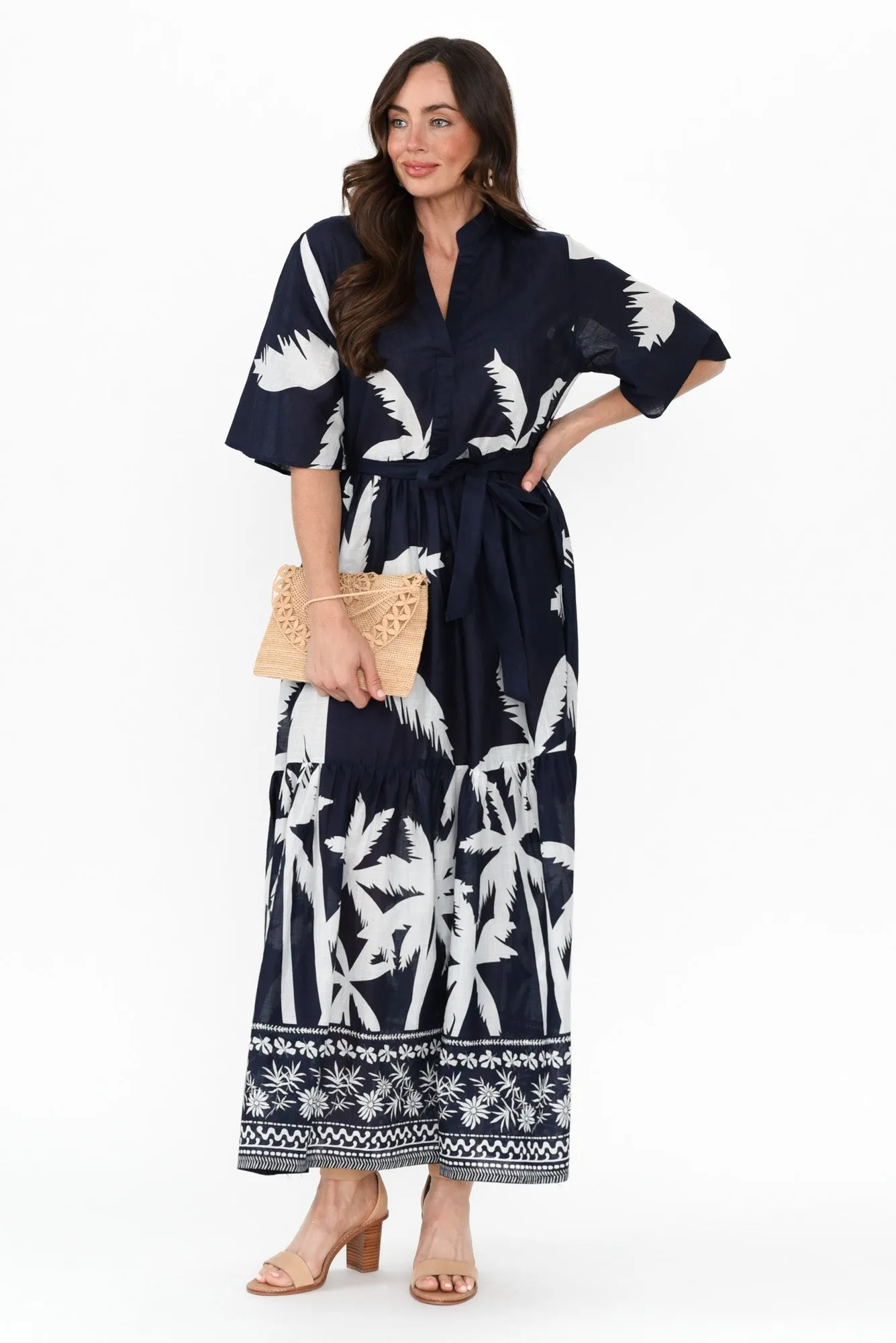 Lestelle Navy Palm Cotton Tie Dress