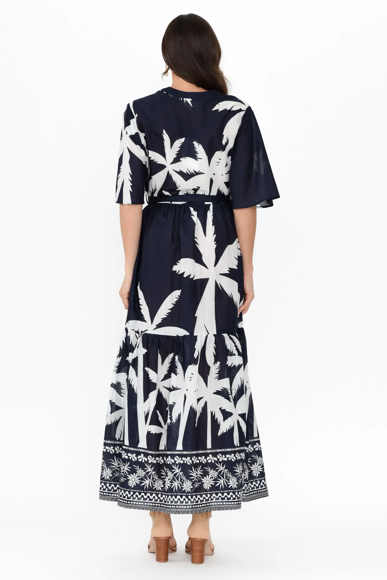 Lestelle Navy Palm Cotton Tie Dress