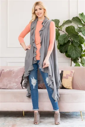 Light gray open ruffled sleeveless cardigan