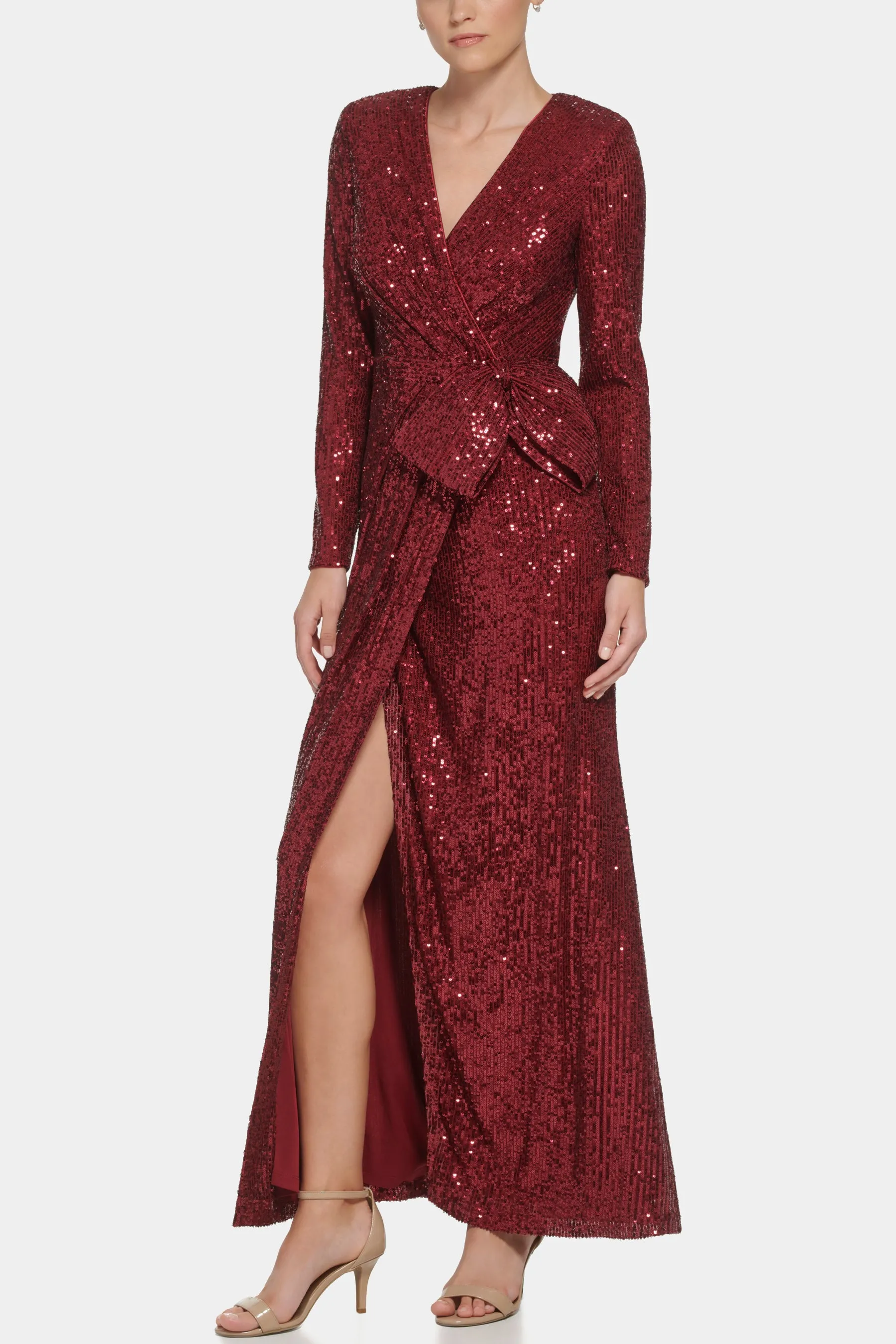 Long Sleeve Surplice Wrap Sequin Gown