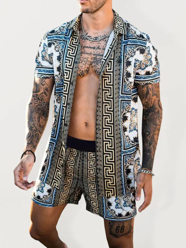 Men's printed lapel short-sleeved shirt   shorts casual suit