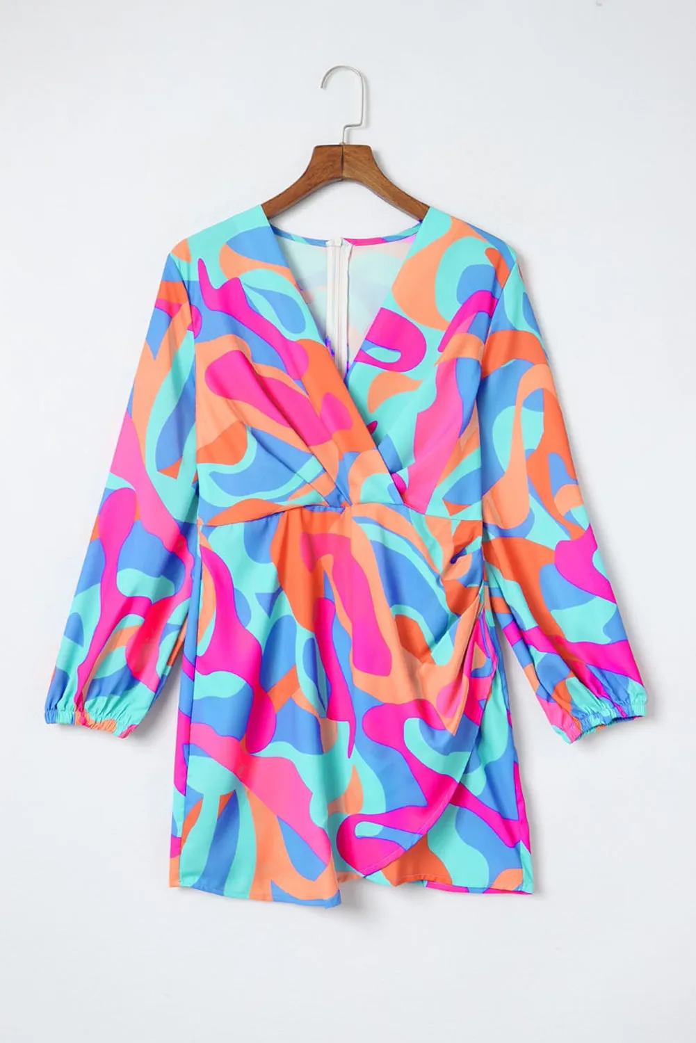 Multicolor Abstract Print Wrap V Neck Puff Sleeve Dress