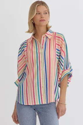 Multicolor Stripe Button Down Half Sleeve Collared Top