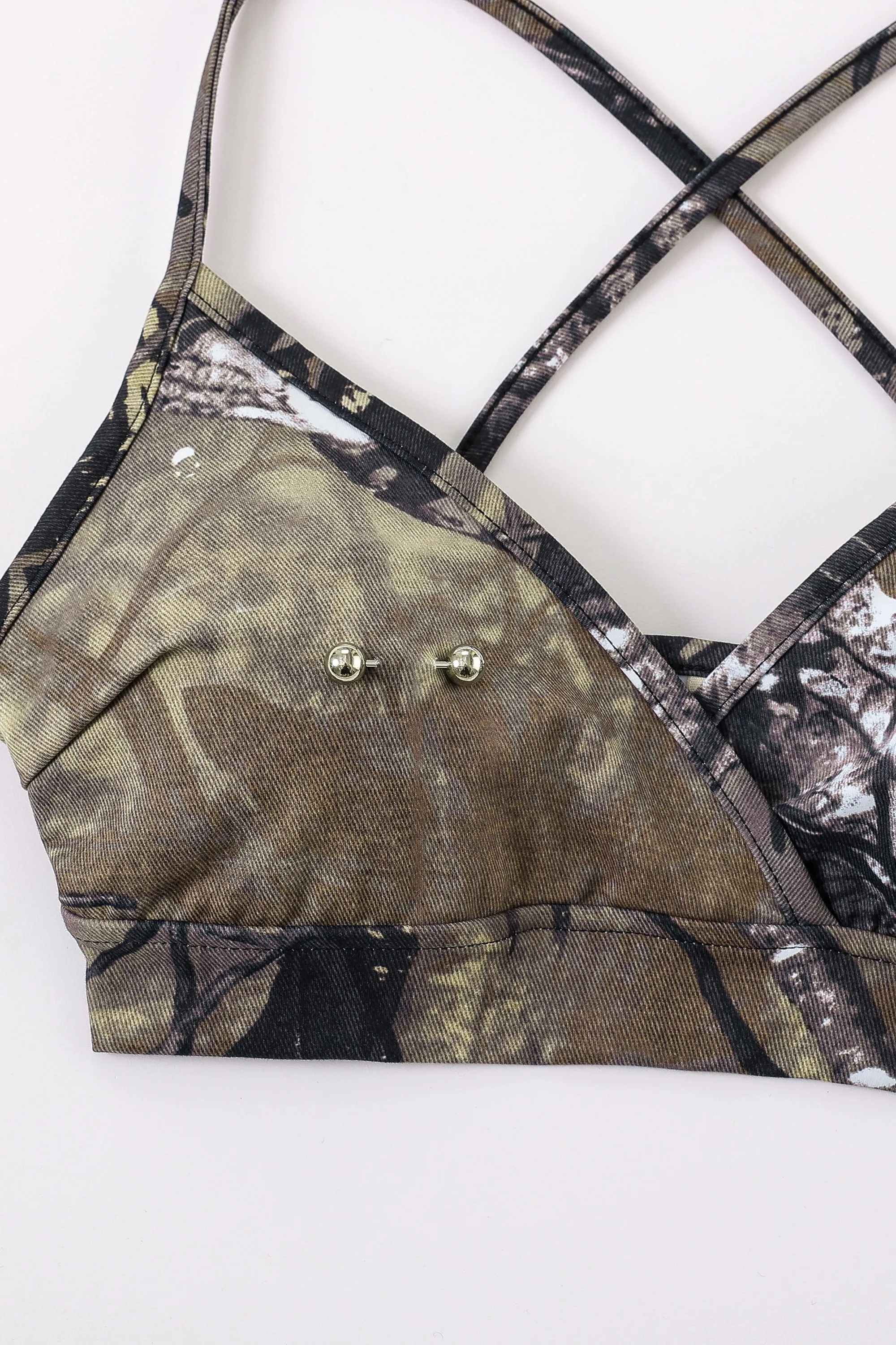 Nipple Piercing Forest Camo Crossback Yoga/Swim Bra