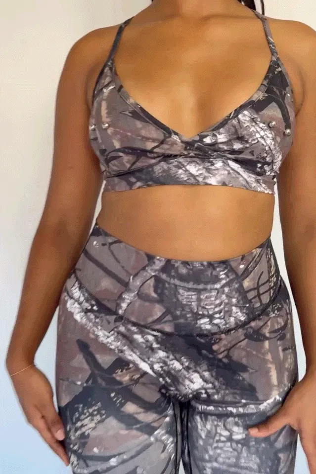 Nipple Piercing Forest Camo Crossback Yoga/Swim Bra